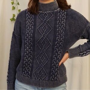HOUSE OF HARLOW 1960 Sweater Cable Knit Mock Neck Chunky Navy Blue Cotton Sz M